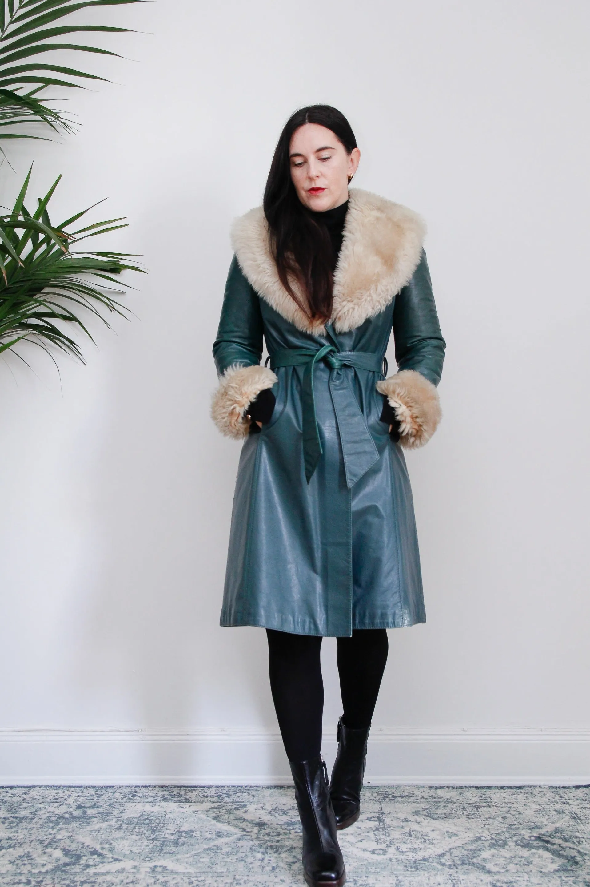 1970's Green Afghan Penny Lane Leather Sheepskin Coat