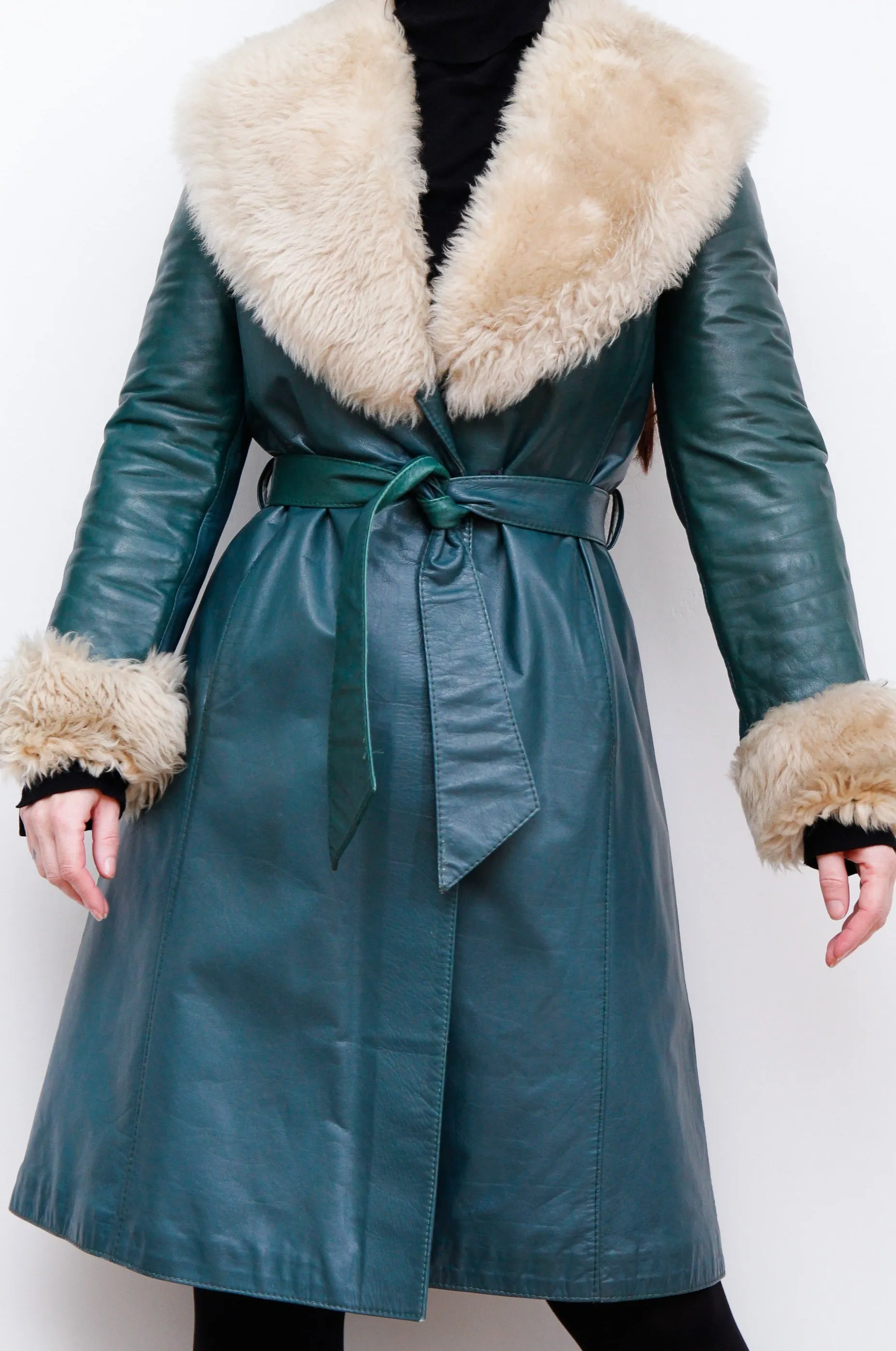 1970's Green Afghan Penny Lane Leather Sheepskin Coat