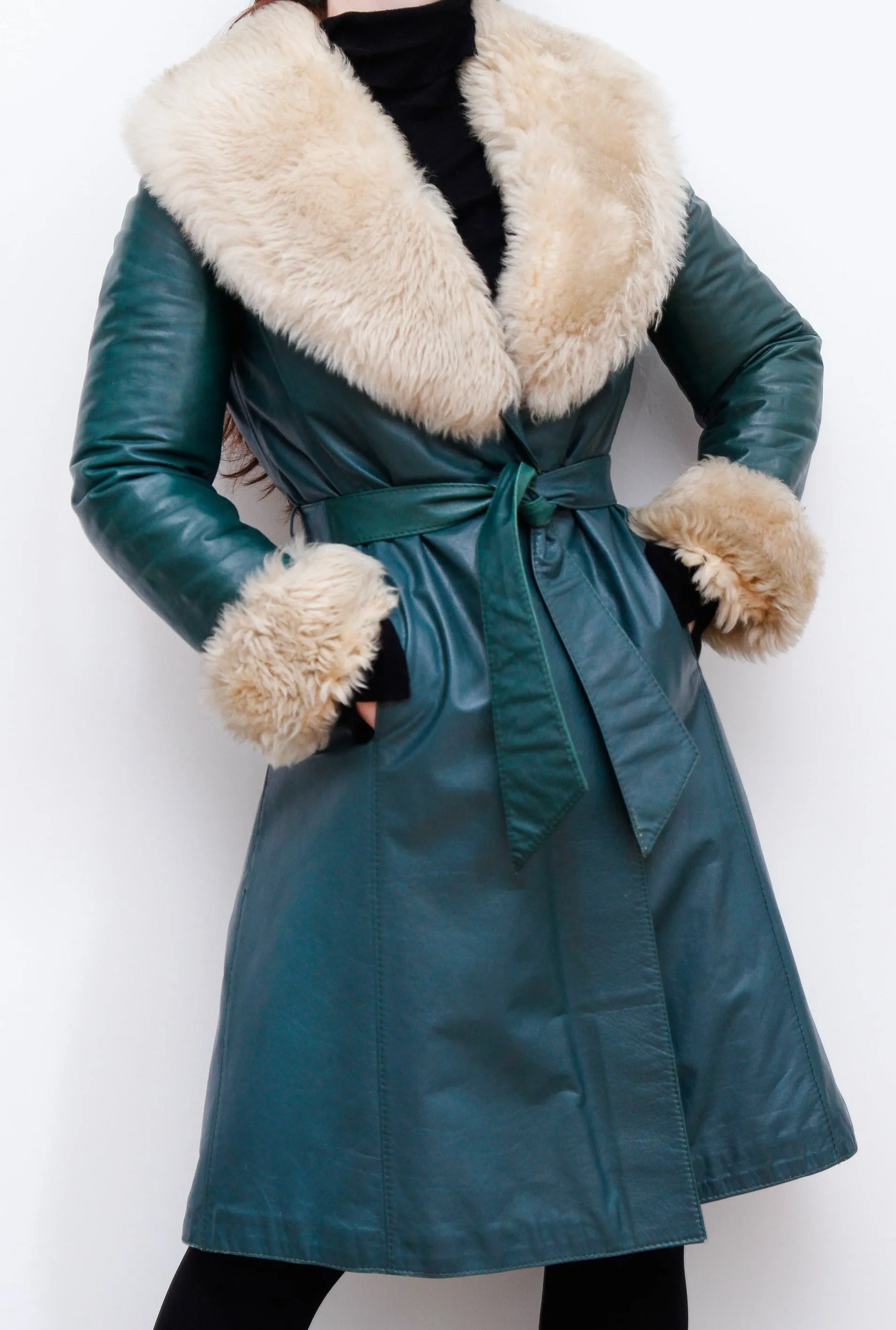 1970's Green Afghan Penny Lane Leather Sheepskin Coat