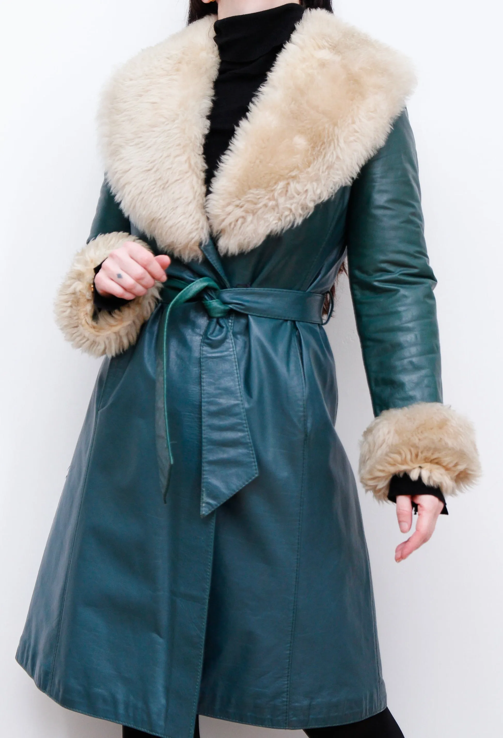1970's Green Afghan Penny Lane Leather Sheepskin Coat