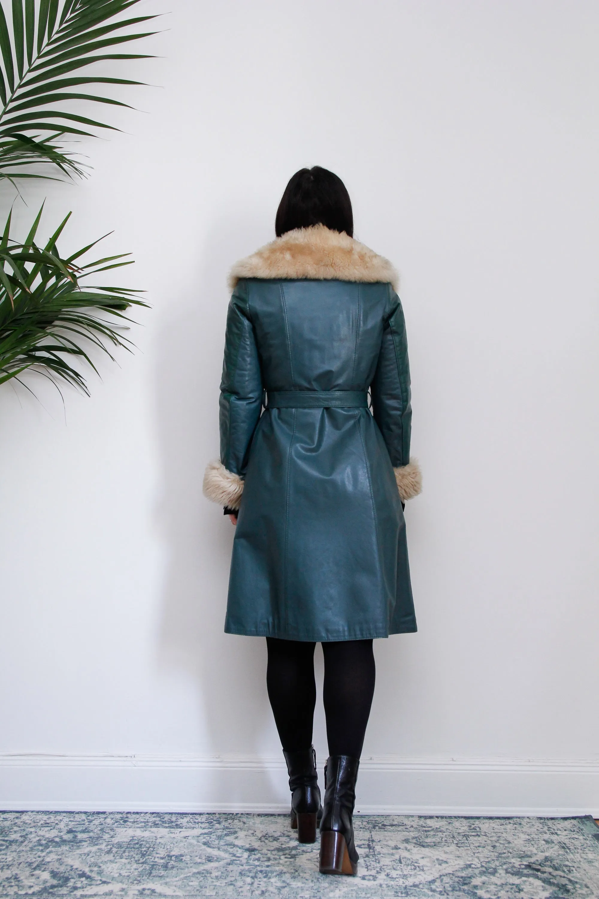 1970's Green Afghan Penny Lane Leather Sheepskin Coat