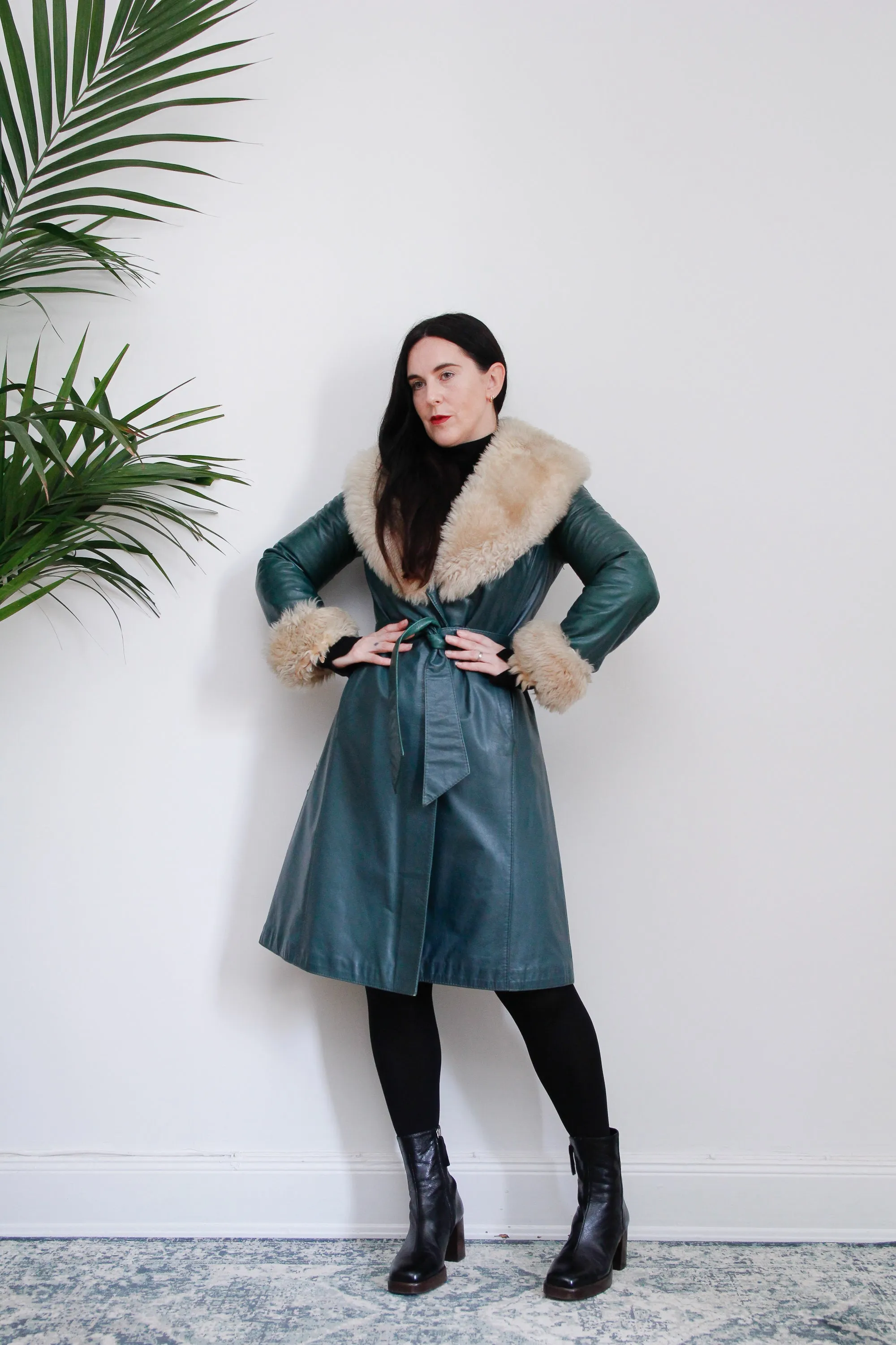1970's Green Afghan Penny Lane Leather Sheepskin Coat