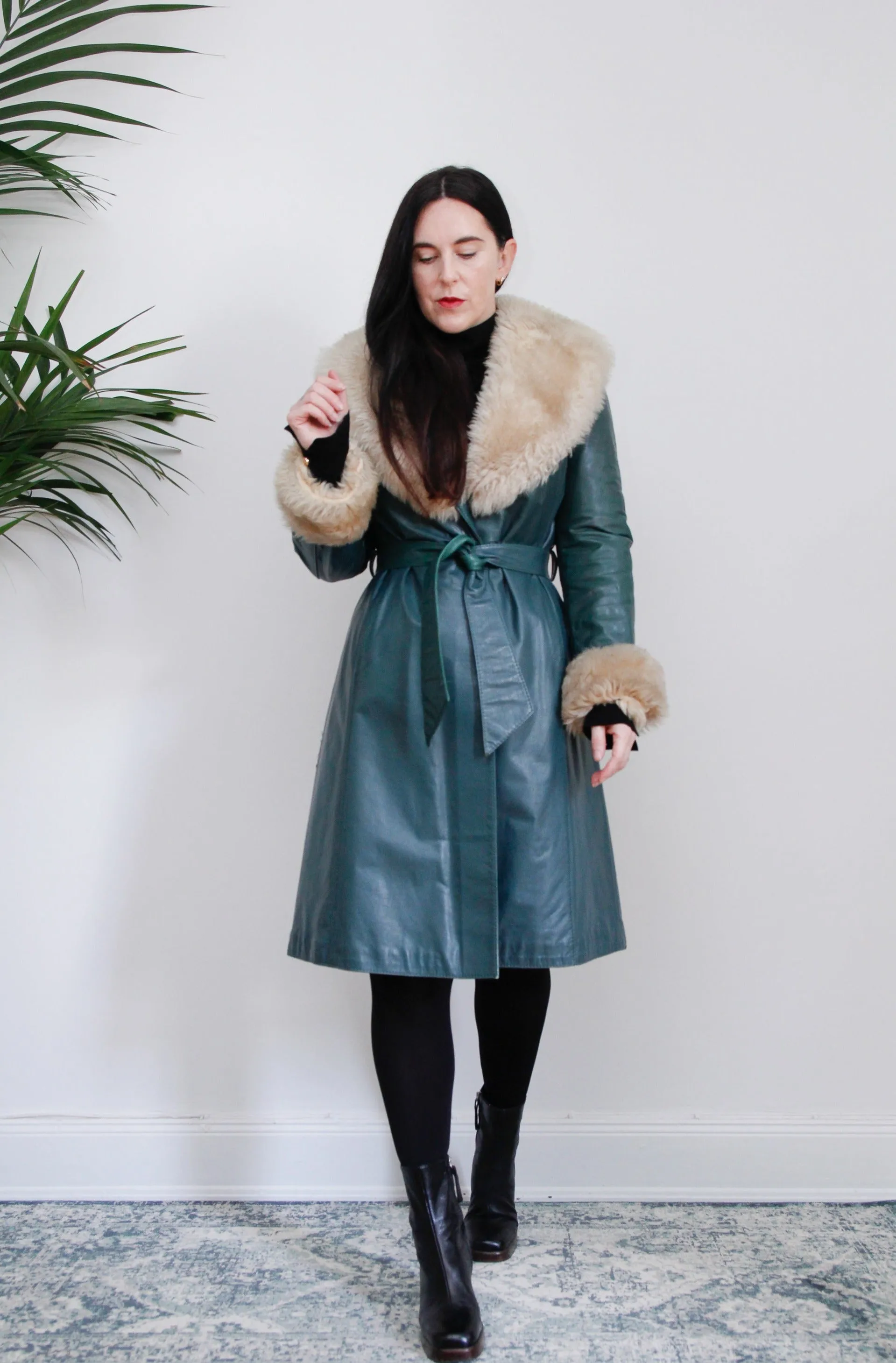 1970's Green Afghan Penny Lane Leather Sheepskin Coat