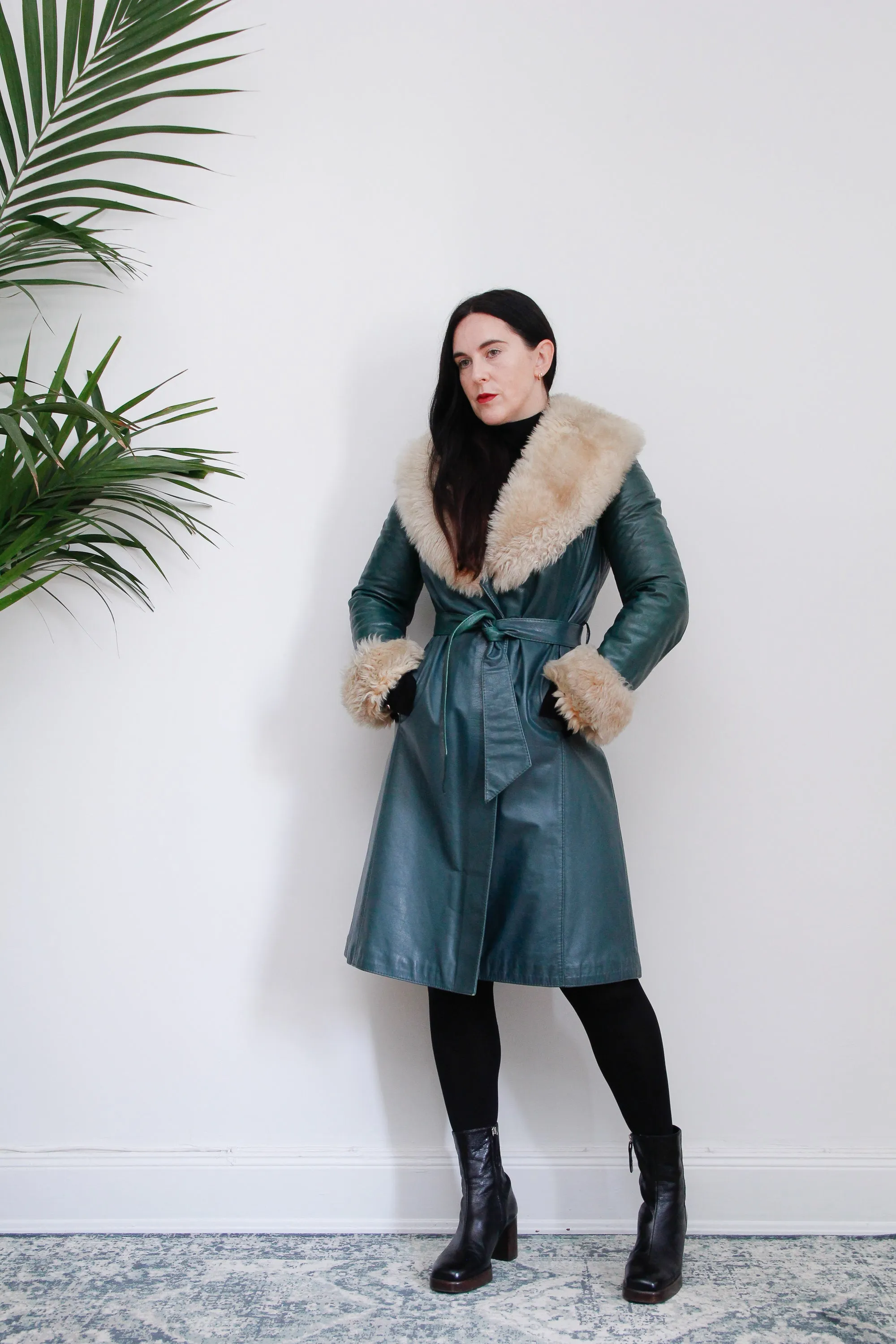1970's Green Afghan Penny Lane Leather Sheepskin Coat