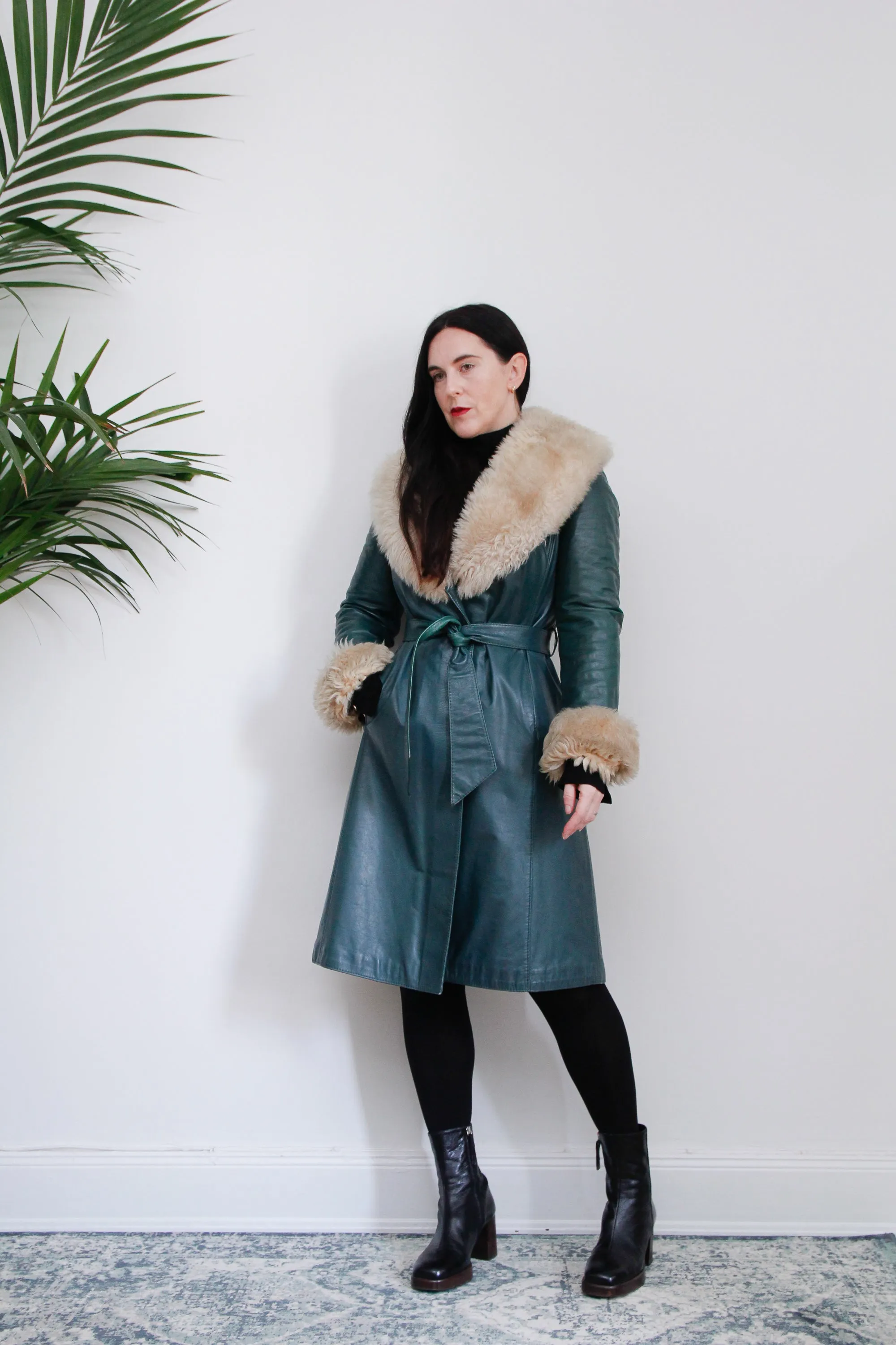 1970's Green Afghan Penny Lane Leather Sheepskin Coat