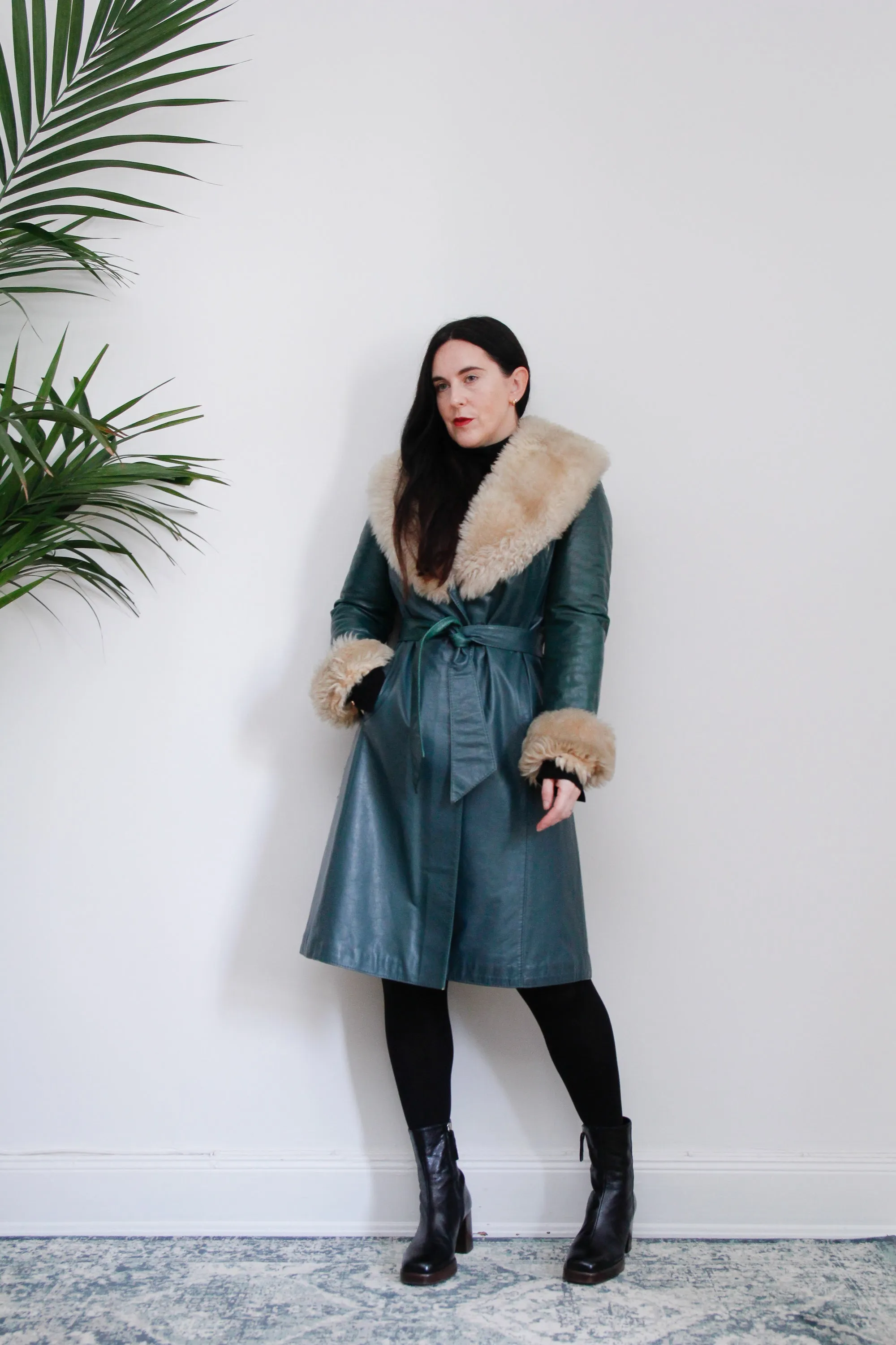 1970's Green Afghan Penny Lane Leather Sheepskin Coat