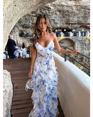 2024ss sexy halter plant-print wrap dress