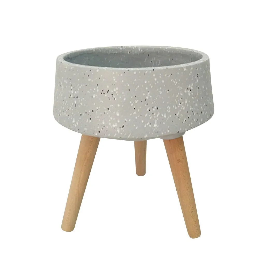 23 Inch Planter with Flared Tripod Legs, Gray Terrazzo, Natural Brown Wood By Casagear Home