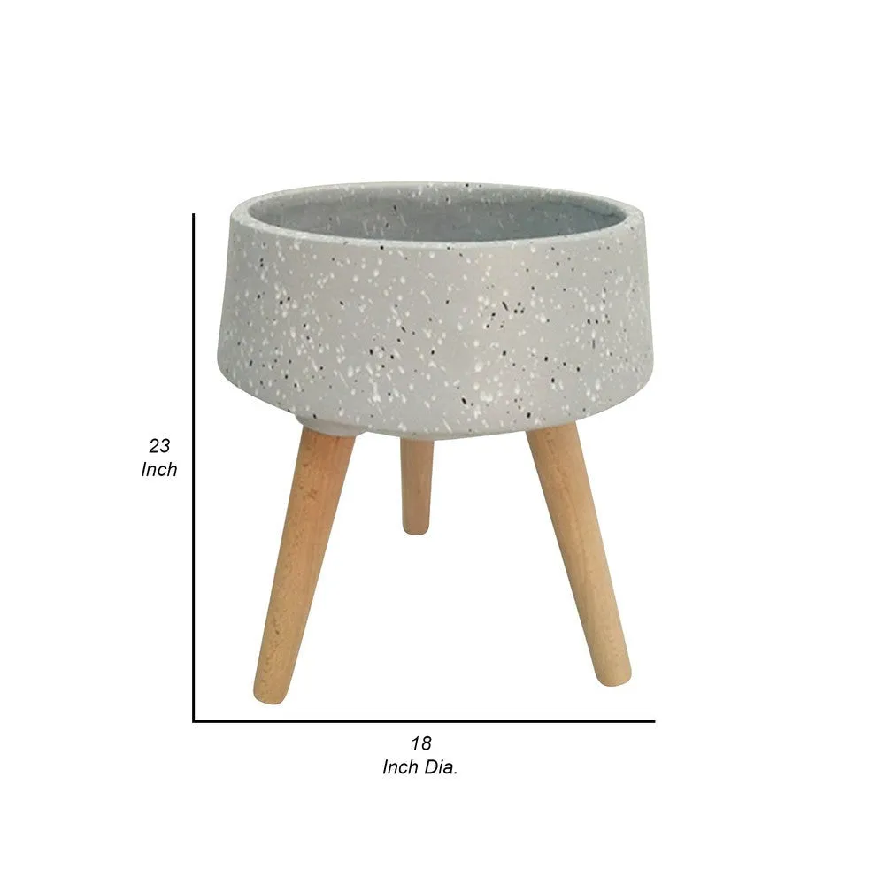 23 Inch Planter with Flared Tripod Legs, Gray Terrazzo, Natural Brown Wood By Casagear Home