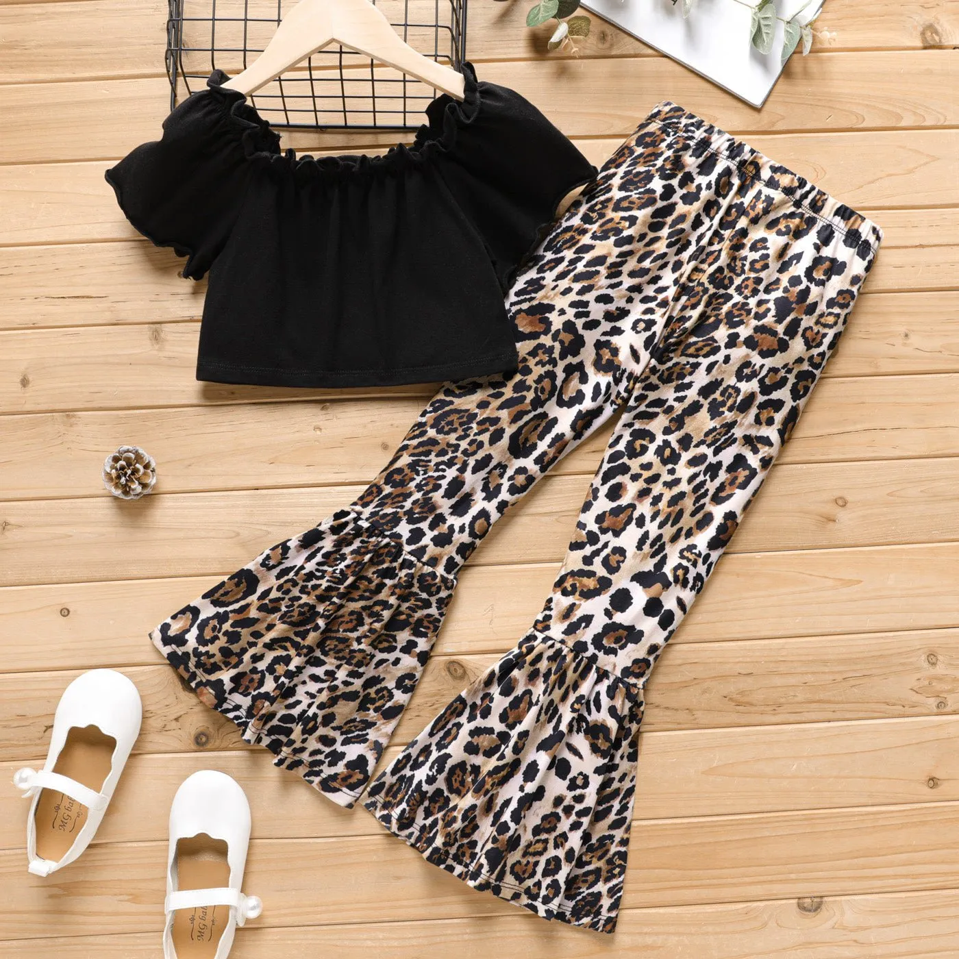 2Pcs Kid Girl Naia Button Up Cotton Crop Top & Leopard Flared Pants Set