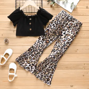2Pcs Kid Girl Naia Button Up Cotton Crop Top & Leopard Flared Pants Set