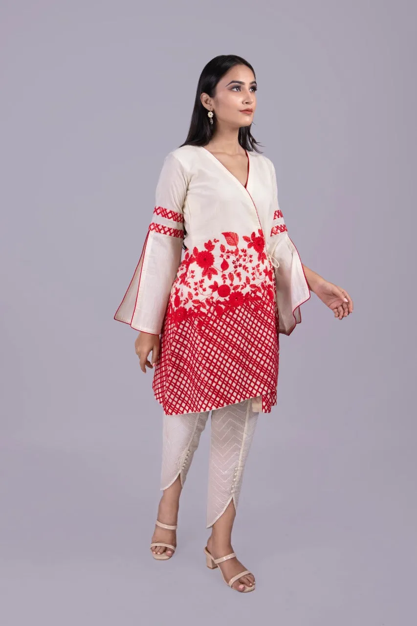 Adaara off white embroidered Angrakha with flared sleeves and sequence tulip pants
