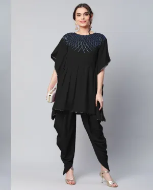 Ahalyaa Women Black Crepe Glitter Printed Kurta with Dhoti Pants