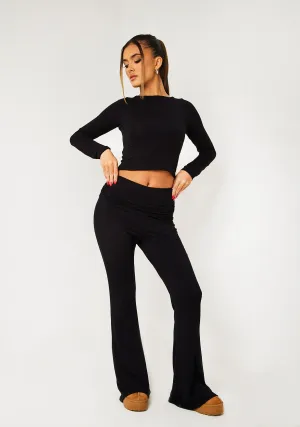 Alena Black Fold Over Flared Yoga Pants