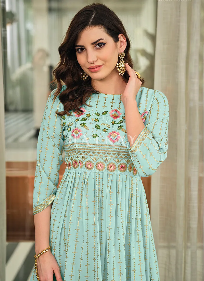 Aqua Blue Multi Embroidered Gharara Suit