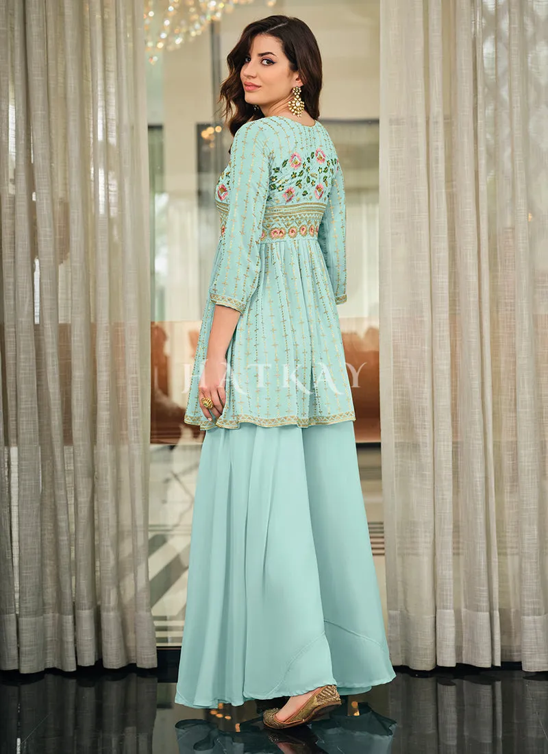 Aqua Blue Multi Embroidered Gharara Suit