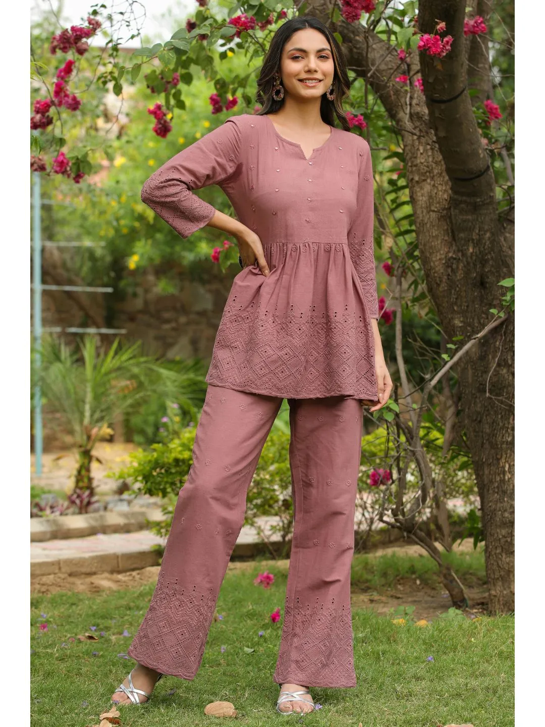Ashley Dusty Brown Cotton Schiffli Co-Ord Set