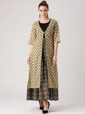 Beige Printed Cotton Kurta With Jacket