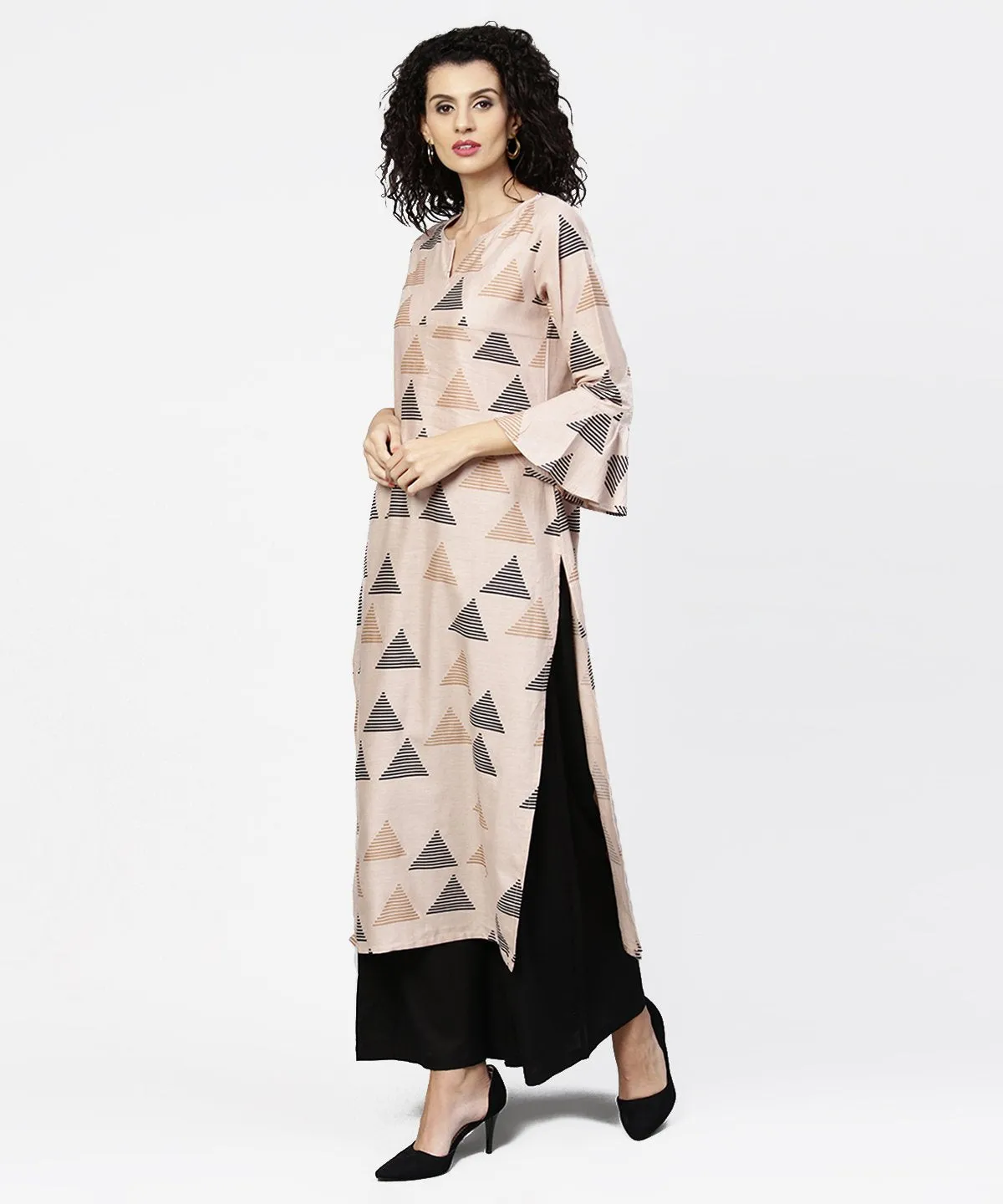 Beige printed long flared sleeve straight cotton kurta with black ankle length flared palazzo