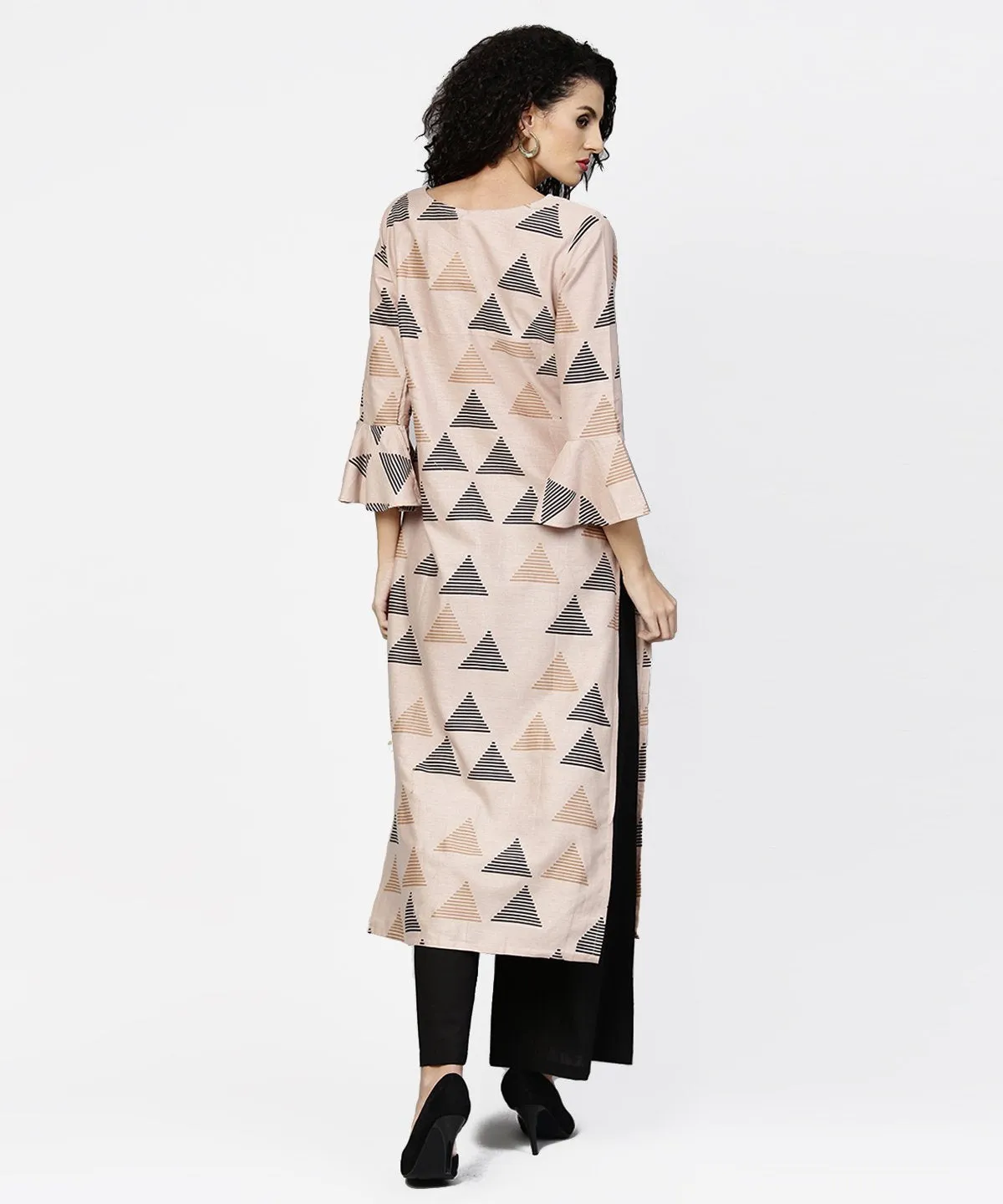 Beige printed long flared sleeve straight cotton kurta with black ankle length flared palazzo