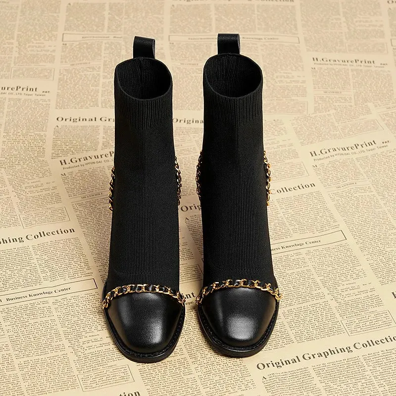 binfenxie Autumn Women Knit Ankle Boots Fashion Slip On Slimming Short Booties Autumn Winter Female Thick Heel Shoes
