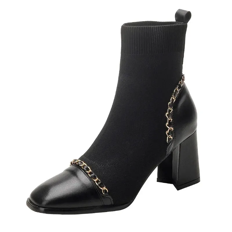 binfenxie Autumn Women Knit Ankle Boots Fashion Slip On Slimming Short Booties Autumn Winter Female Thick Heel Shoes