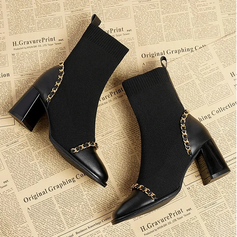 binfenxie Autumn Women Knit Ankle Boots Fashion Slip On Slimming Short Booties Autumn Winter Female Thick Heel Shoes