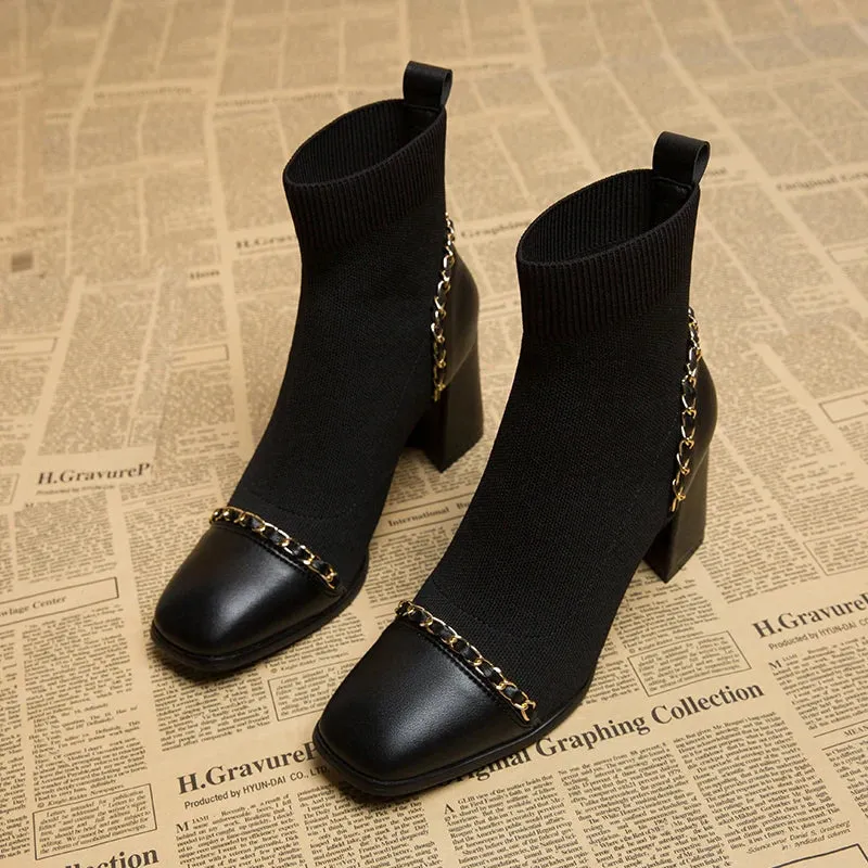 binfenxie Autumn Women Knit Ankle Boots Fashion Slip On Slimming Short Booties Autumn Winter Female Thick Heel Shoes