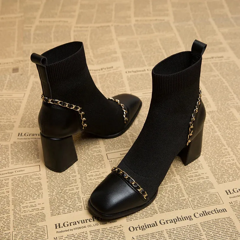 binfenxie Autumn Women Knit Ankle Boots Fashion Slip On Slimming Short Booties Autumn Winter Female Thick Heel Shoes