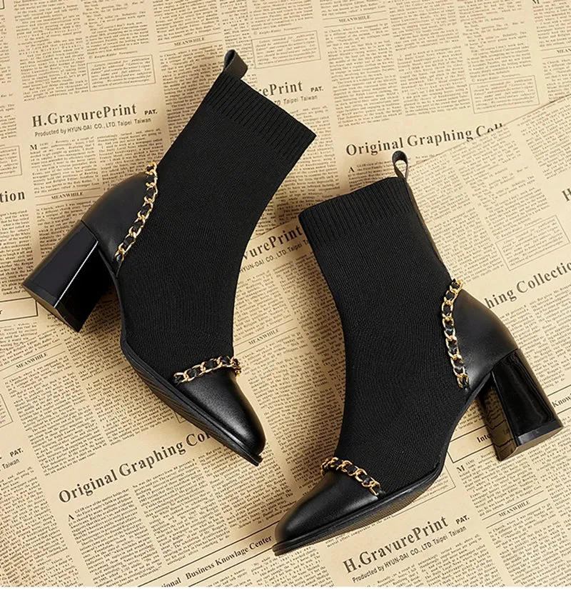 binfenxie Autumn Women Knit Ankle Boots Fashion Slip On Slimming Short Booties Autumn Winter Female Thick Heel Shoes