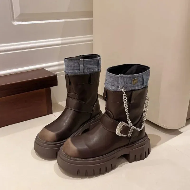 binfenxie  -  Women Mid Calf Boots Goth Street Cool Boots Women Splicing Leather Shoes Chunky Punk Outdoors Motorcycle Booties Autumn Winter