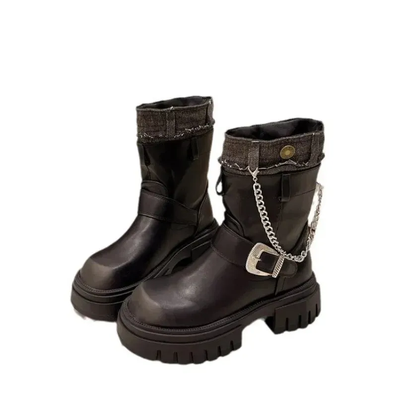 binfenxie  -  Women Mid Calf Boots Goth Street Cool Boots Women Splicing Leather Shoes Chunky Punk Outdoors Motorcycle Booties Autumn Winter