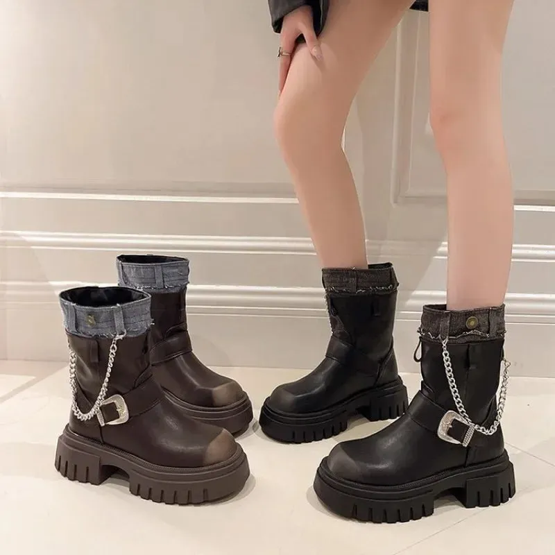 binfenxie  -  Women Mid Calf Boots Goth Street Cool Boots Women Splicing Leather Shoes Chunky Punk Outdoors Motorcycle Booties Autumn Winter