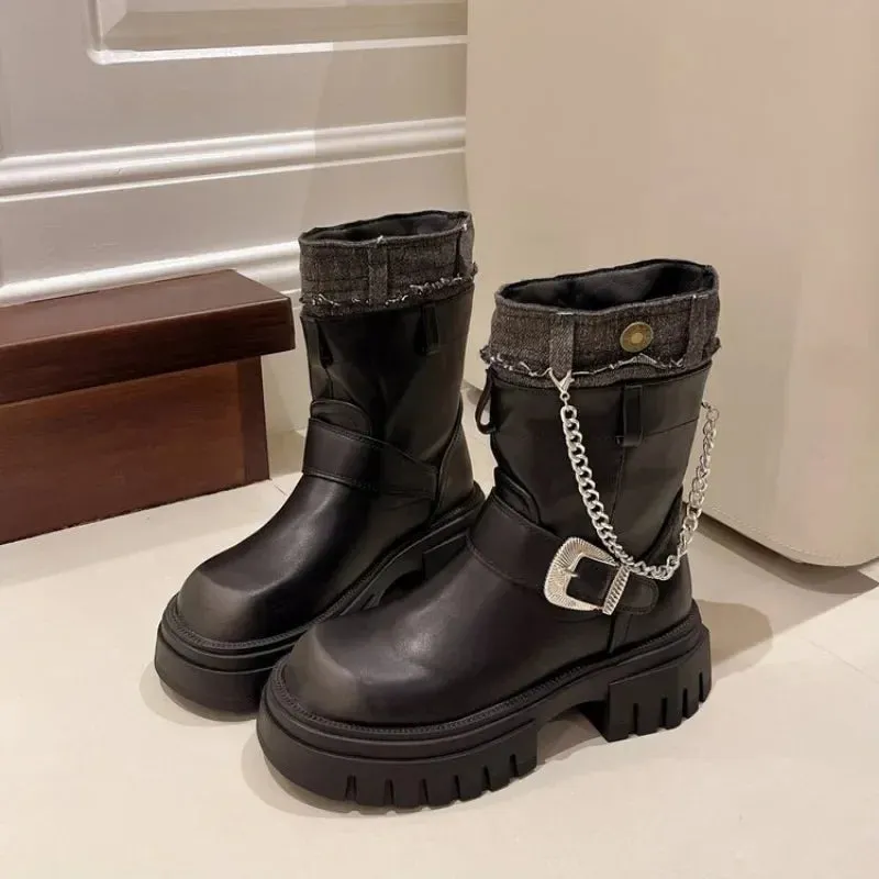 binfenxie  -  Women Mid Calf Boots Goth Street Cool Boots Women Splicing Leather Shoes Chunky Punk Outdoors Motorcycle Booties Autumn Winter