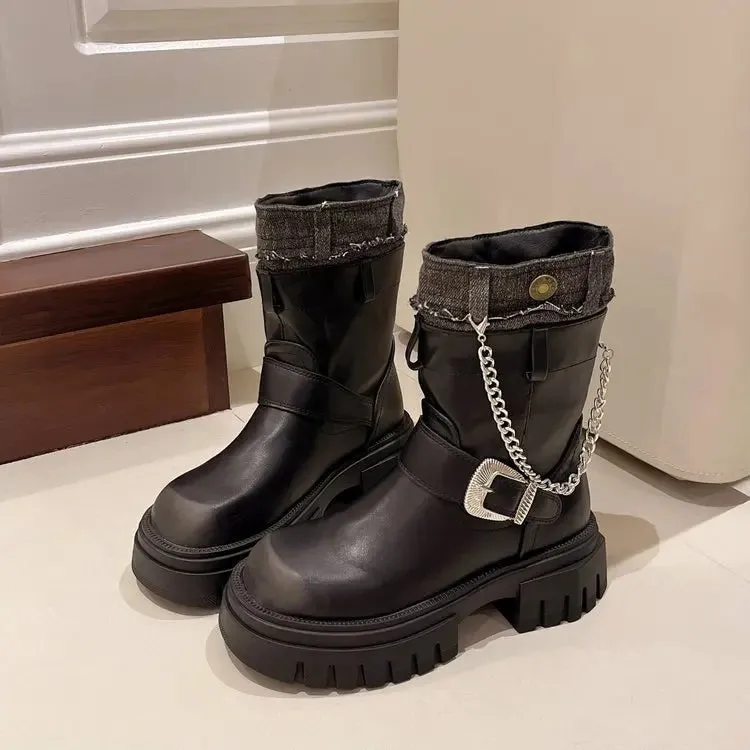 binfenxie  -  Women Mid Calf Boots Goth Street Cool Boots Women Splicing Leather Shoes Chunky Punk Outdoors Motorcycle Booties Autumn Winter