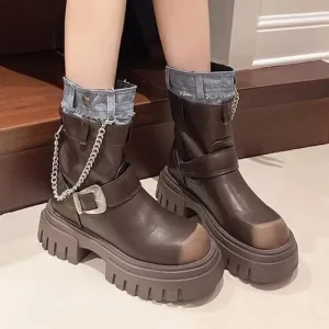 binfenxie  -  Women Mid Calf Boots Goth Street Cool Boots Women Splicing Leather Shoes Chunky Punk Outdoors Motorcycle Booties Autumn Winter
