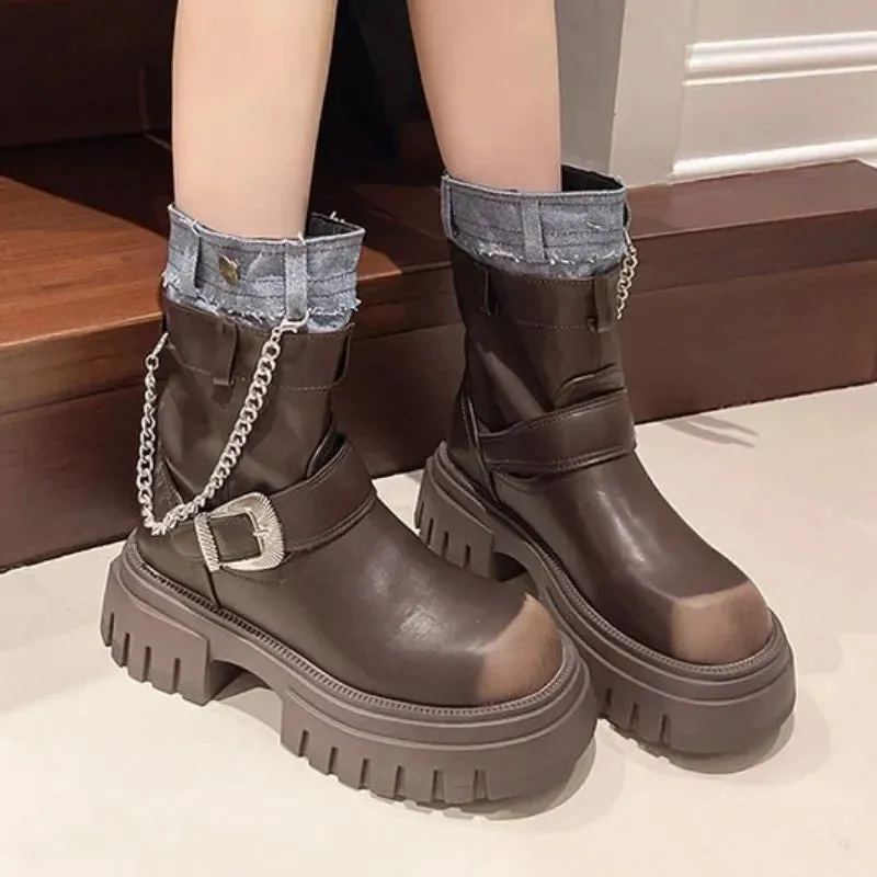 binfenxie  -  Women Mid Calf Boots Goth Street Cool Boots Women Splicing Leather Shoes Chunky Punk Outdoors Motorcycle Booties Autumn Winter