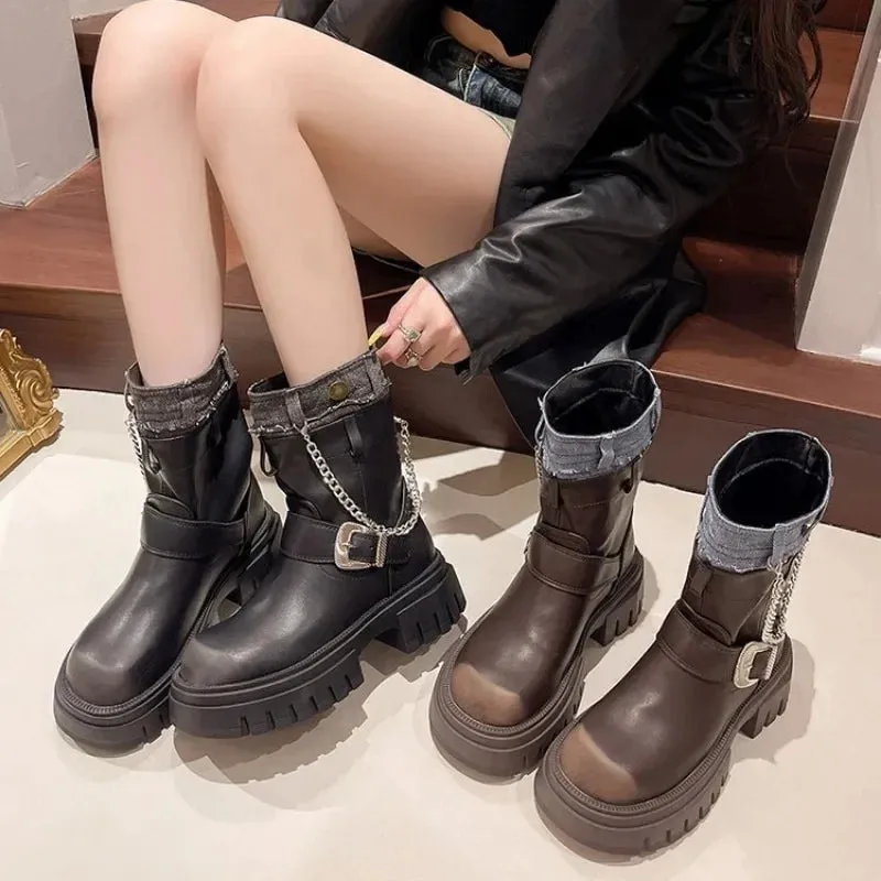 binfenxie  -  Women Mid Calf Boots Goth Street Cool Boots Women Splicing Leather Shoes Chunky Punk Outdoors Motorcycle Booties Autumn Winter