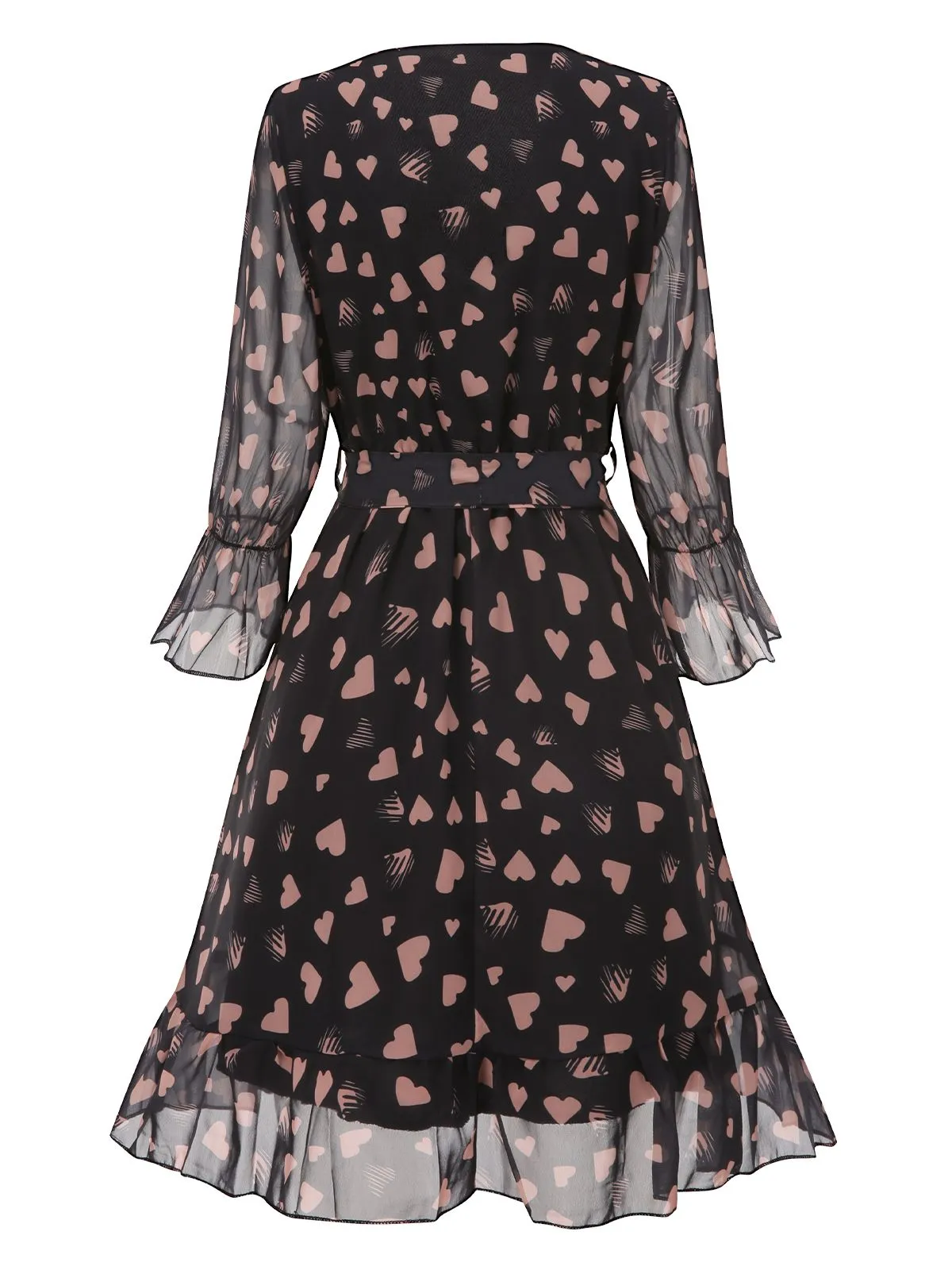 Black 1940s Heart Sheer Sleeves Wrap Dress