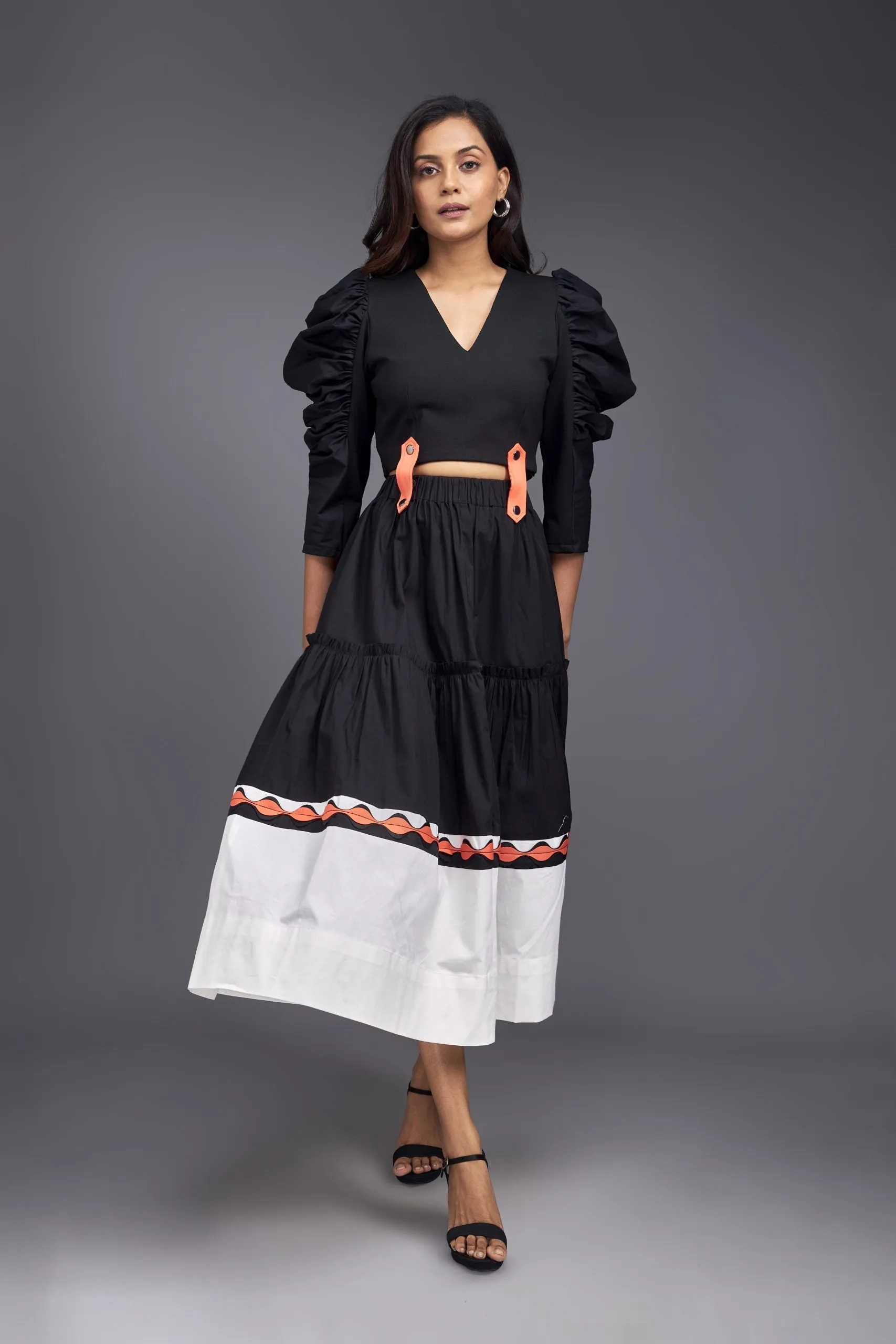 BLACK & WHITE COLOUR BLOCK FLARED CO-ORD WITH NEON TIE-UP CONNECTOR