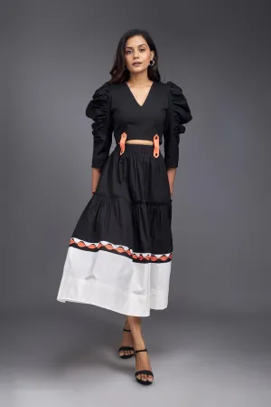 BLACK & WHITE COLOUR BLOCK FLARED CO-ORD WITH NEON TIE-UP CONNECTOR