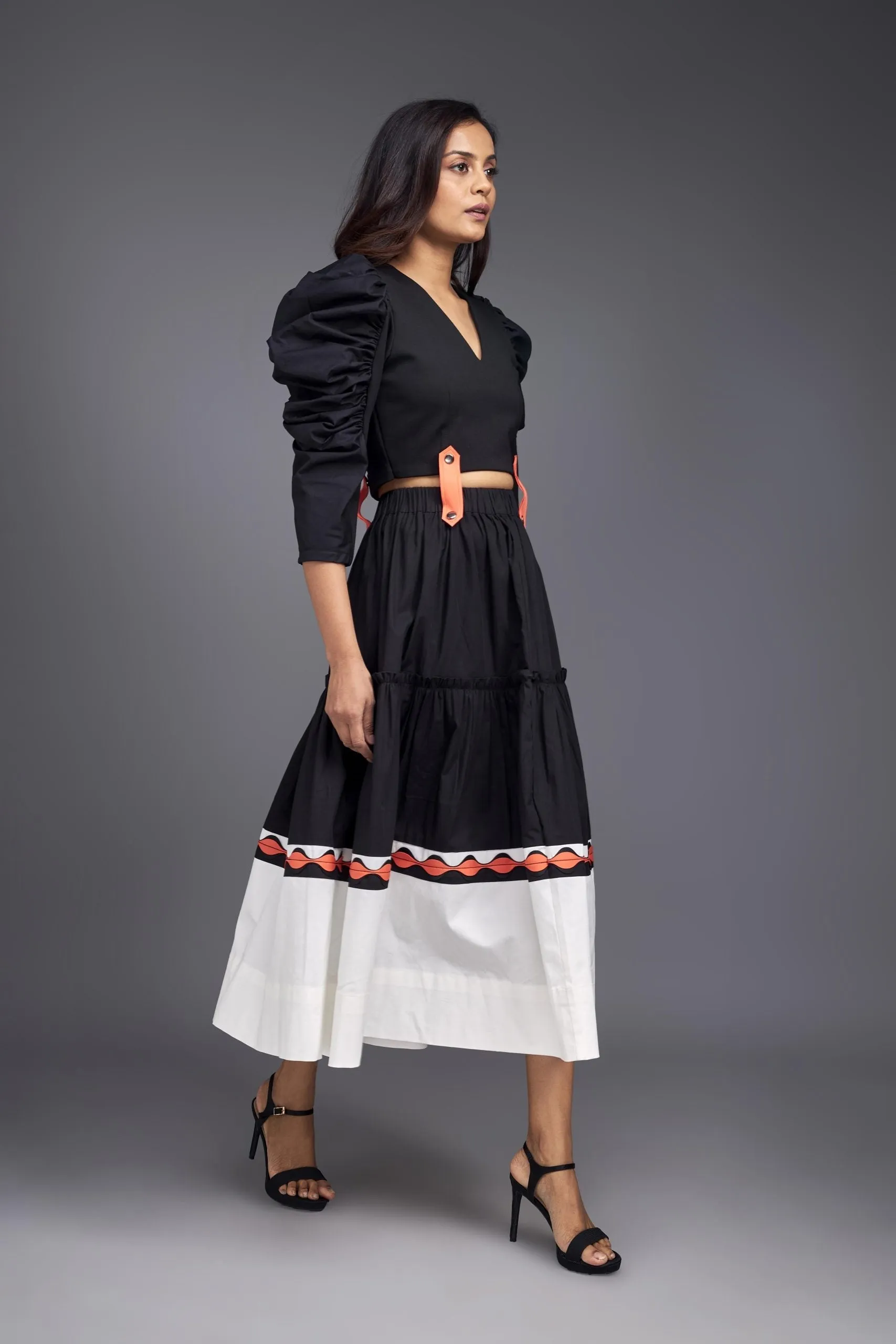 BLACK & WHITE COLOUR BLOCK FLARED CO-ORD WITH NEON TIE-UP CONNECTOR