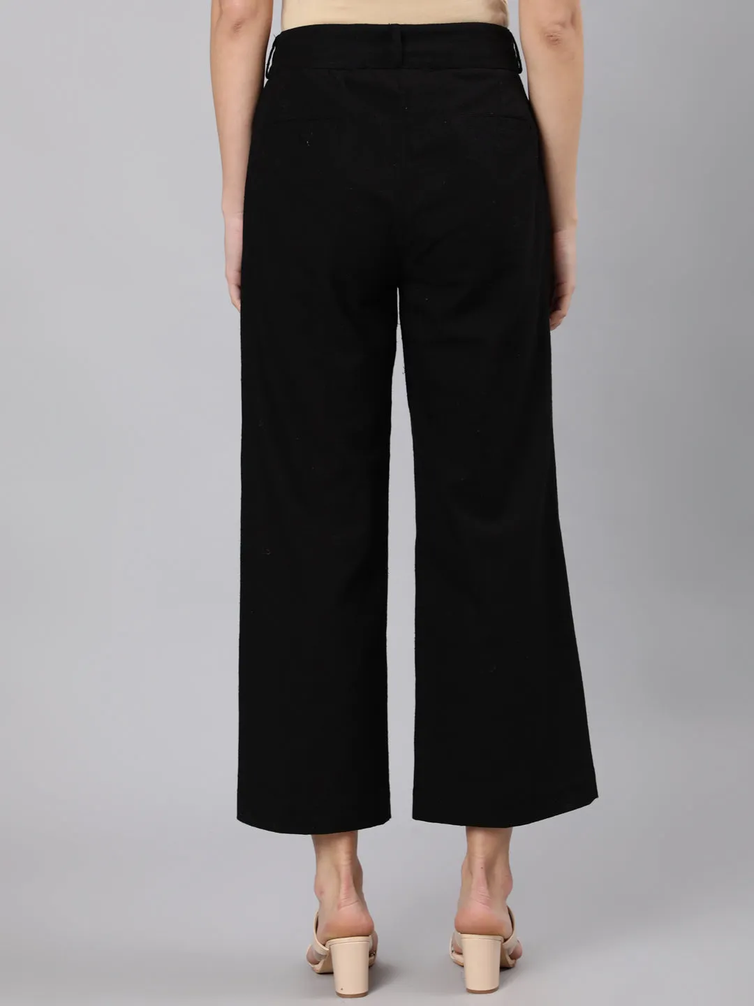 Black Cotton Slub Flared High Rise Parallel Pants