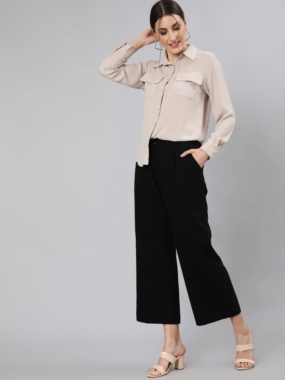 Black Cotton Slub Flared High Rise Parallel Pants