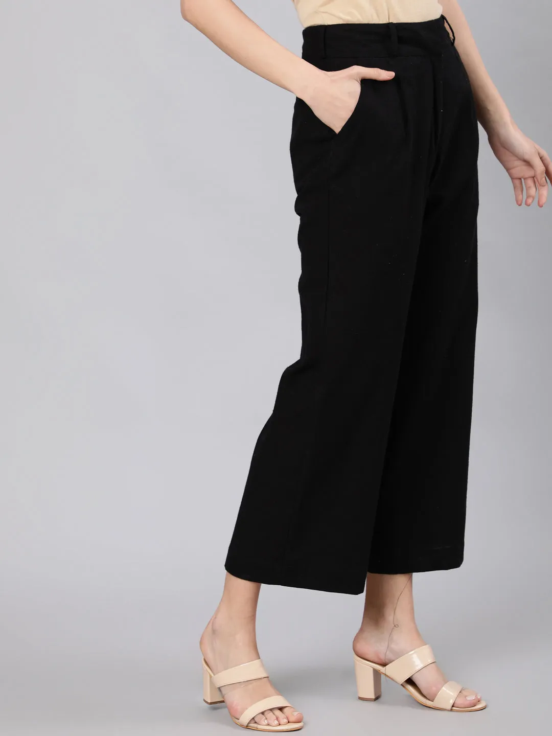 Black Cotton Slub Flared High Rise Parallel Pants