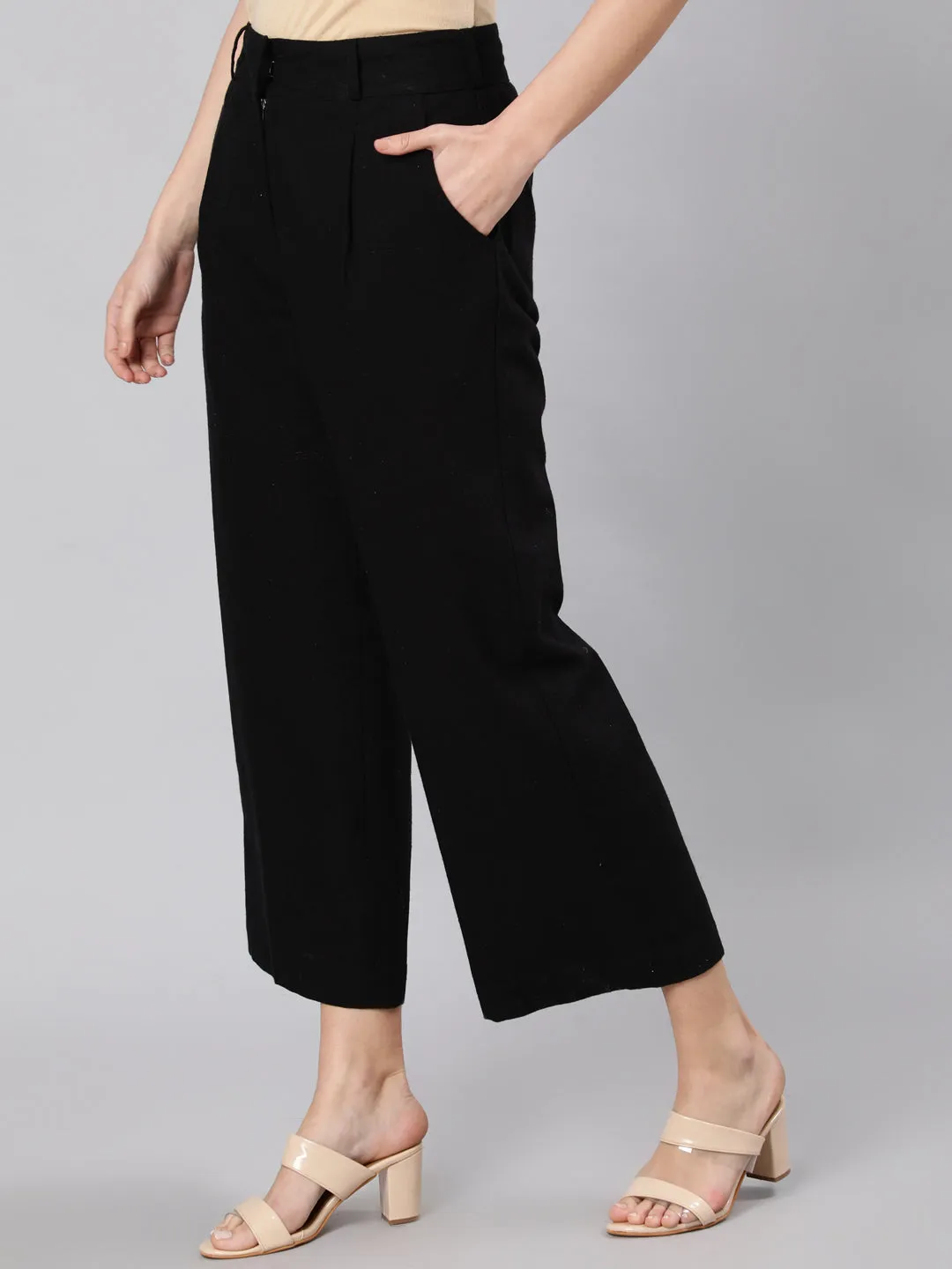 Black Cotton Slub Flared High Rise Parallel Pants