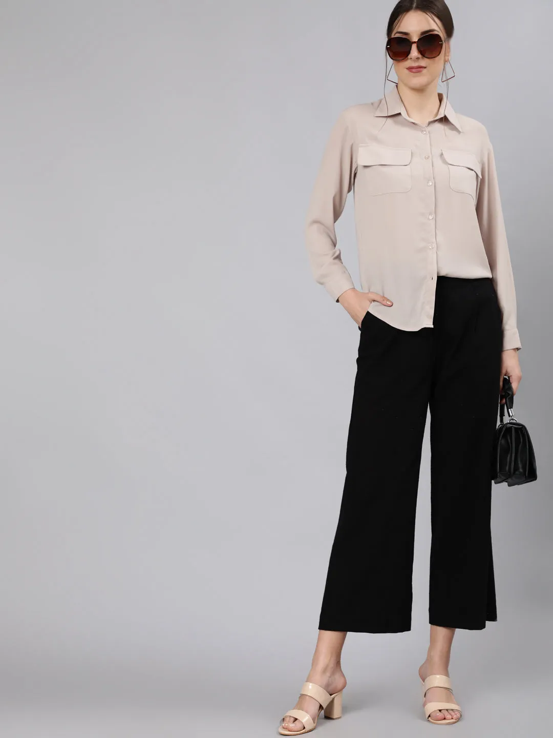 Black Cotton Slub Flared High Rise Parallel Pants