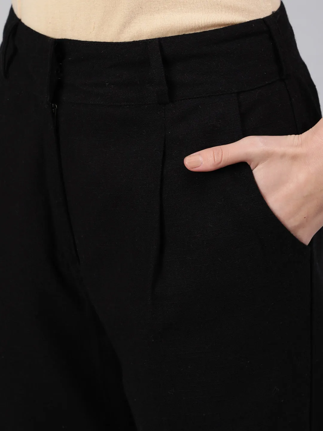 Black Cotton Slub Flared High Rise Parallel Pants