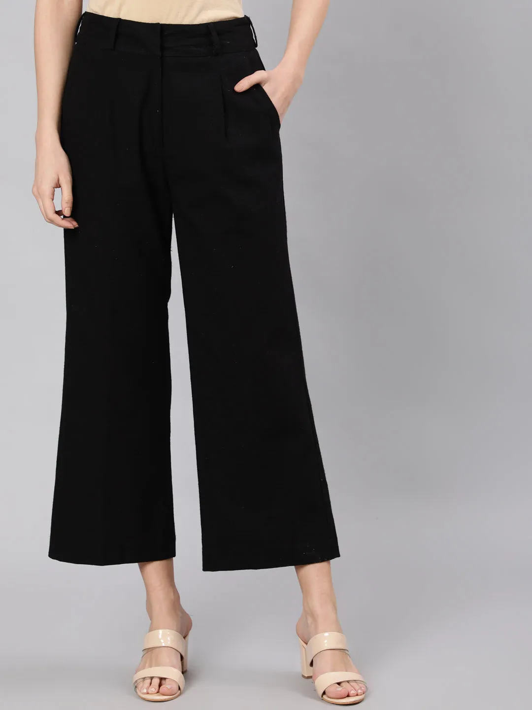 Black Cotton Slub Flared High Rise Parallel Pants