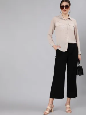 Black Cotton Slub Flared High Rise Parallel Pants